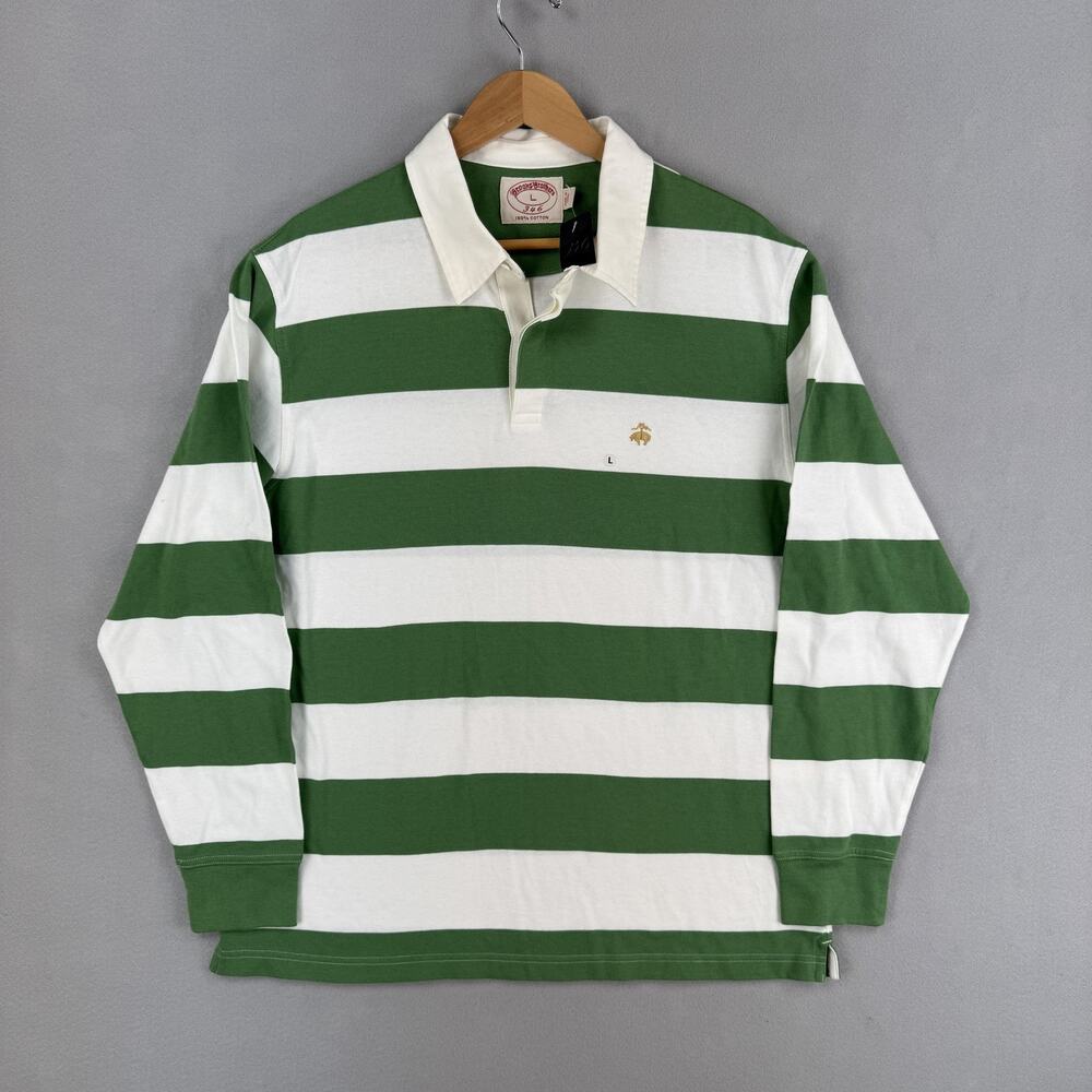 Brooks Brothers 346 Rugby Polo Shirt Mens L Green White Long Sleeve Striped